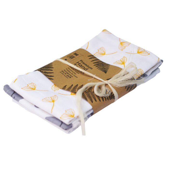 0_0039_AMF00919-1.jpg 3 Premium White Printed Hand & Face Towels With Yellow Ginkgo Design (70 x 50 cm) - Image 1