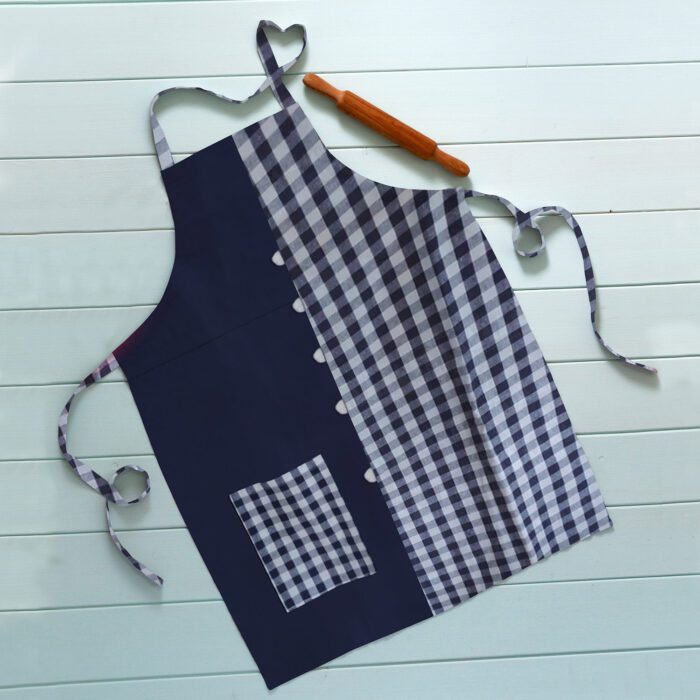 1-1-1.jpg Cotton Apron Navi Blue & White Check - Image 1