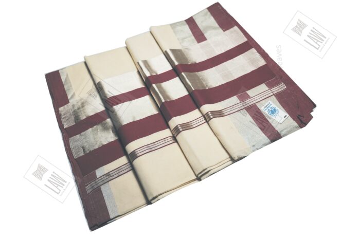 Kerala Handloom Silver & Dark Violet Kasavu Saree With Blouse - Image 3
