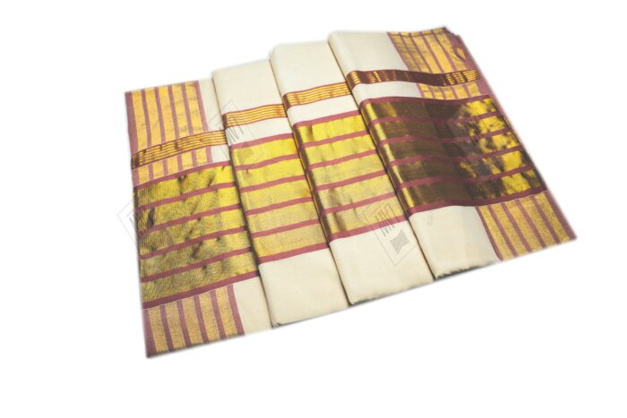 Kerala Handloom Gold & Dark Pink Kasavu Saree - Image 2