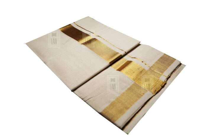 Kerala Handloom Off-White Dhoti With Heavy Gold Kasavu (200 x 130 cm) - Image 2