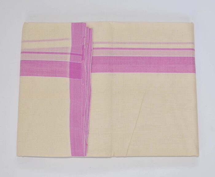 Kerala Handloom Off-White Dhoti With Purple Stripe (200 x 130cm) - Image 3