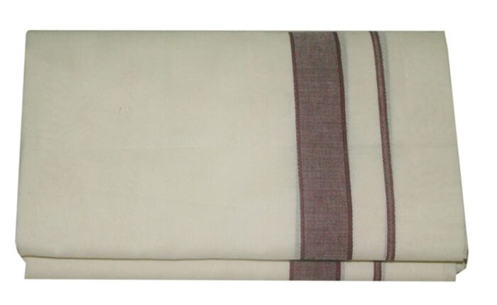 Kerala Handloom Off-White Dhoti With Light Brown Stripe (200 x 130 cm) - Image 2