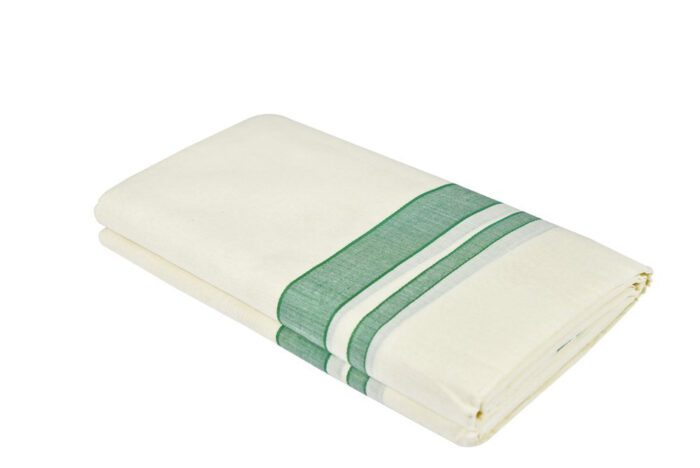 Kerala Handloom Off-White Dhoti With Green Stripe (200 x 130 cm) - Image 2