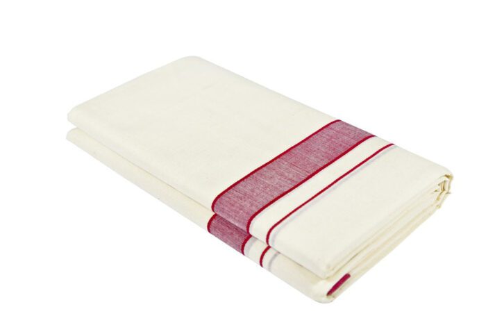 Kerala Handloom Off-White Dhoti With Majenta Stripe (200 x 130cm) - Image 2