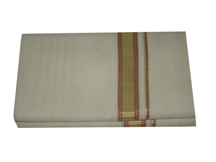 Kerala Handloom Off-White Dhoti With Gold & Maroon Stripe (200 x130 cm) - Image 3