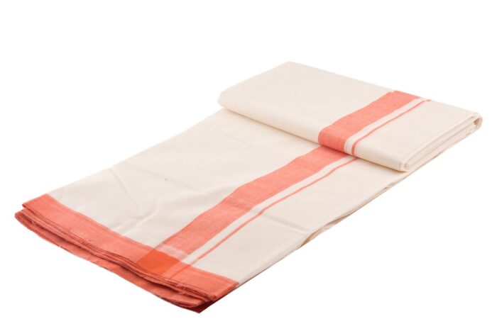 Kerala Handloom Off-White Dhoti With Orange Stripe (200x130 cm) - Image 2