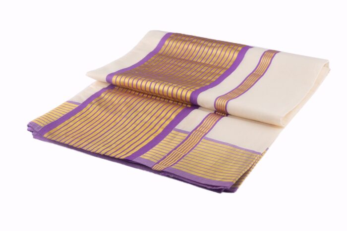 Kerala Handloom Cotton Saree Purple & Gold Kasavu - Image 2
