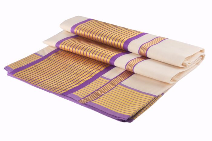 Kerala Handloom Cotton Saree Purple & Gold Kasavu - Image 3