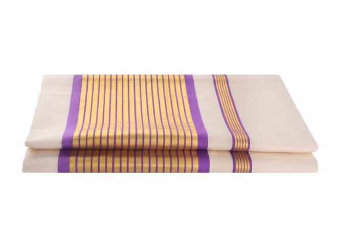 Kerala Handloom Cotton Saree Purple & Gold Kasavu - Image 4