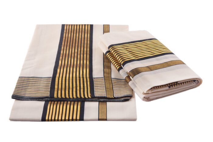 Kerala Handloom Set Mundu Gold Kasavu With Black Stripes - Image 2