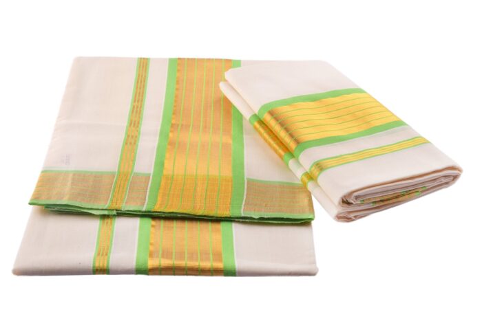 Kerala Handloom Set Mundu Light Green With Gold Kasavu - Image 2