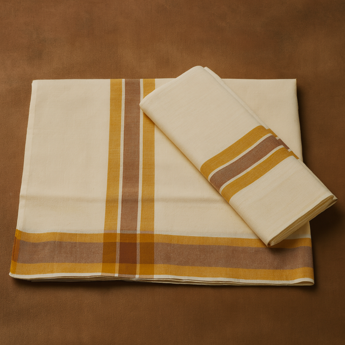 5e642ef1-9705-4a27-a15a-15ce7d048969 Kerala Handloom Single Set Mundu With Brown & Purple Stripes - Image 1
