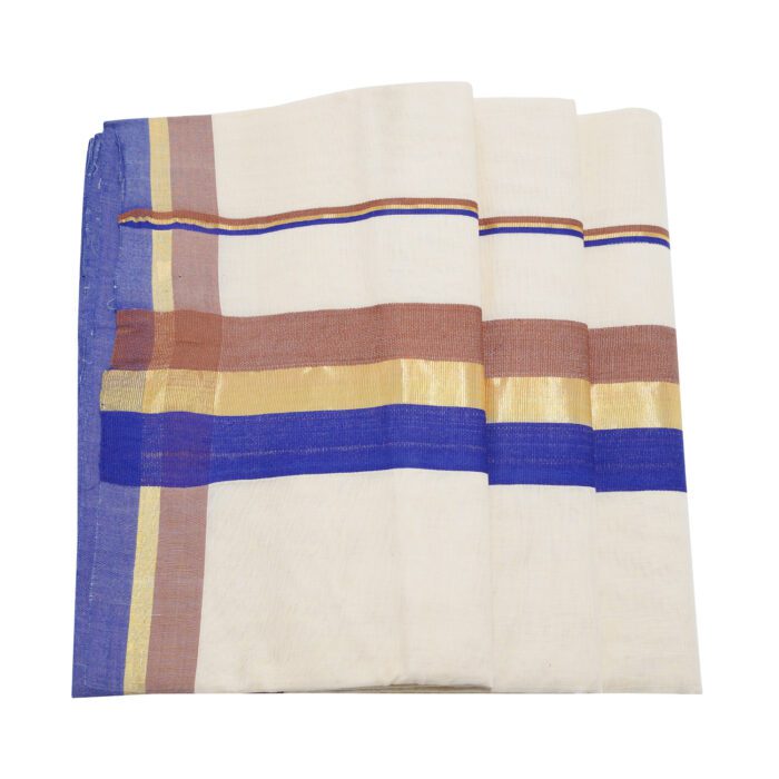 Kerala Handloom Violet & Gold Stripe Saree With Blouse - Image 2