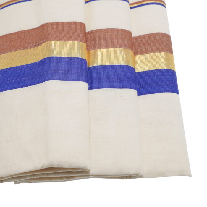 Kerala Handloom Violet & Gold Stripe Saree With Blouse - Image 3