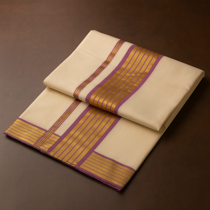 7330152d-d18f-4c97-859c-64d32f239226 Kerala Handloom Purple & Gold Kasavu Saree (1) - Image 1