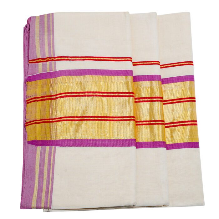 Kerala Handloom Gold Kasavu Saree Red & Magenta Stripe With Blouse - Image 2