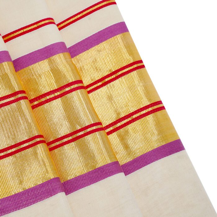 Kerala Handloom Gold Kasavu Saree Red & Magenta Stripe With Blouse - Image 3