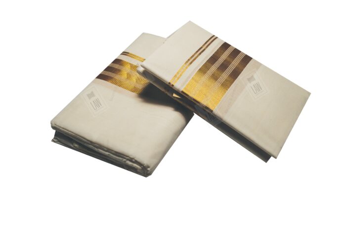 89.jpg Kerala Handloom Double Set Mundu With Heavy Gold Borders - Image 1