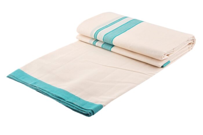 Kerala Handloom Off White Double Dhoti With Light Blue Stripe (200 x 130cm) - Image 2