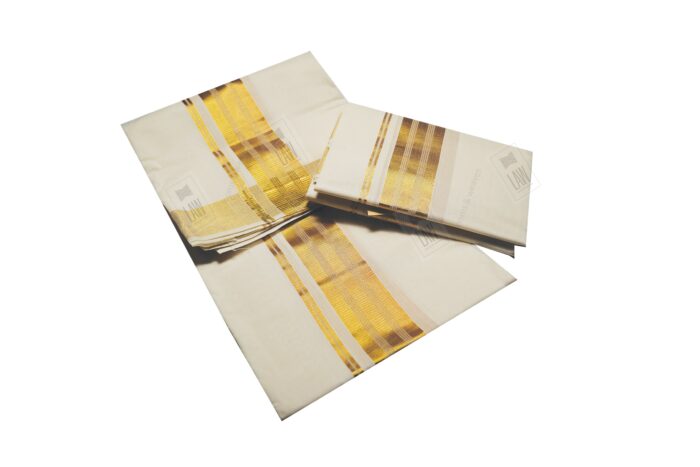 Kerala Handloom Double Set Mundu With Heavy Gold Borders - Image 2