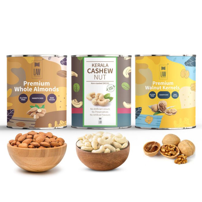Cashews, Premium Quality Almonds(Mamra) and Walnuts_0000_Almonds Gift Combo Pack of Premium Dry Nuts (250gm Each) - Image 1