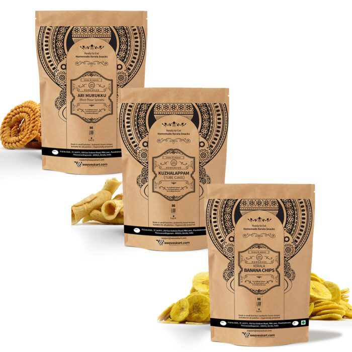Combo_2 copy Special Combo Pack of Kerala Snacks (Banana Chips + Kuzhalappam + Ari Murukku/Rice Flour Spirals) 250gm Each - Image 1