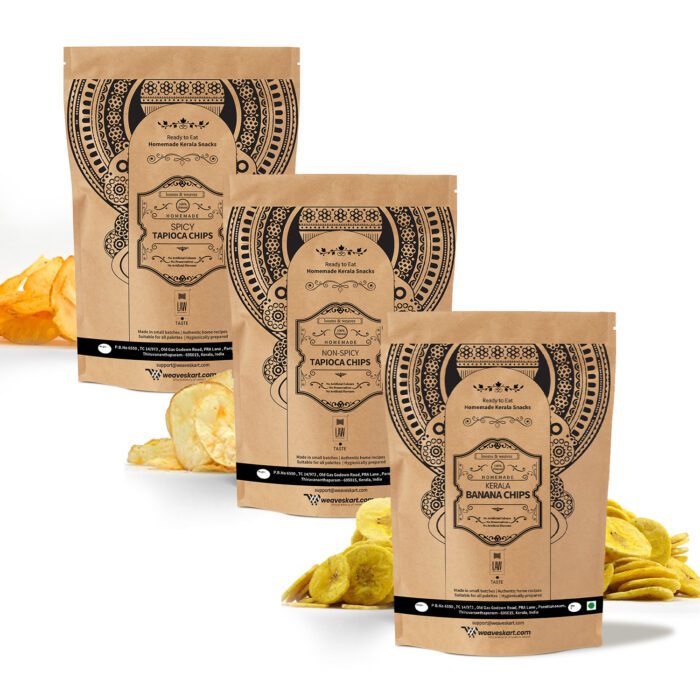 Combo_3 copy Combo Pack of Special Kerala Chips (Special Banana Chips + Special non- spicy Tapioca Chips + Spicy Tapioca Chips) 250gm Each - Image 1