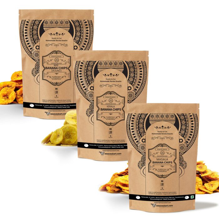 Combo_6 copy Combo of Special Kerala Snacks – Kerala Banana Chips + Masala Banana Chips + Ripe Banana Chips (250 gm each) - Image 1