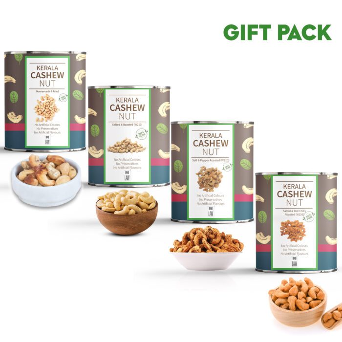 Pack of Kerala Cashews (1) Gift Pack of Kerala Cashews – (250g each) – Unroasted, Salted and Roasted, Roasted & Chilly and Roasted & Pepper - Image 1