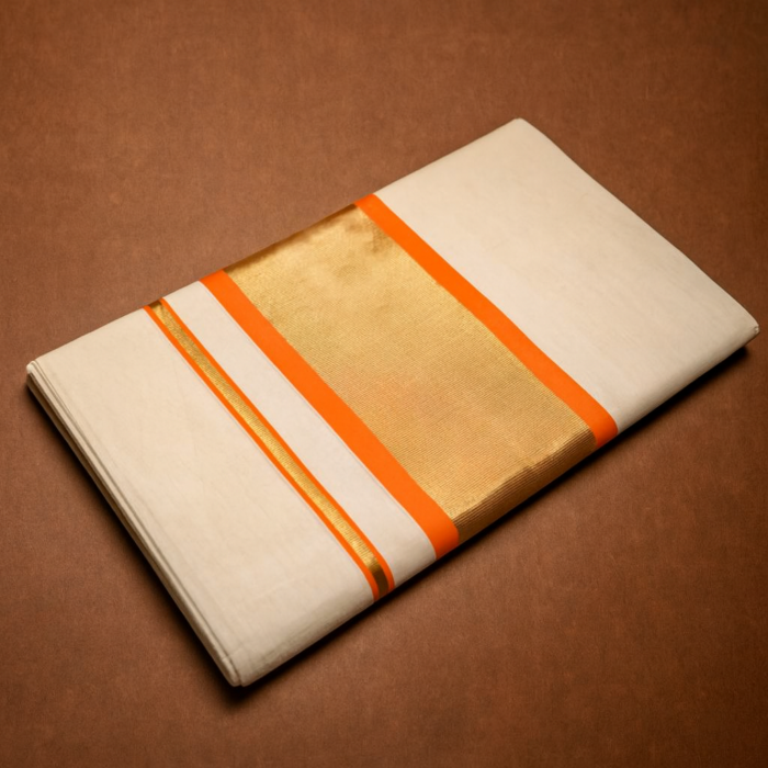 aca8b5b4-d4b0-456a-8036-3ee6a9411869 Kerala Handloom Orange & Gold Stripe Saree With Blouse - Image 1