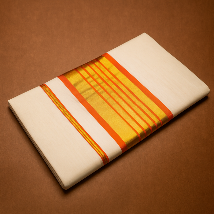 afa12361-2539-4cdf-81f2-6f1bd08507d2 Kerala Handloom Orange With Gold Kasavu Saree - Image 1