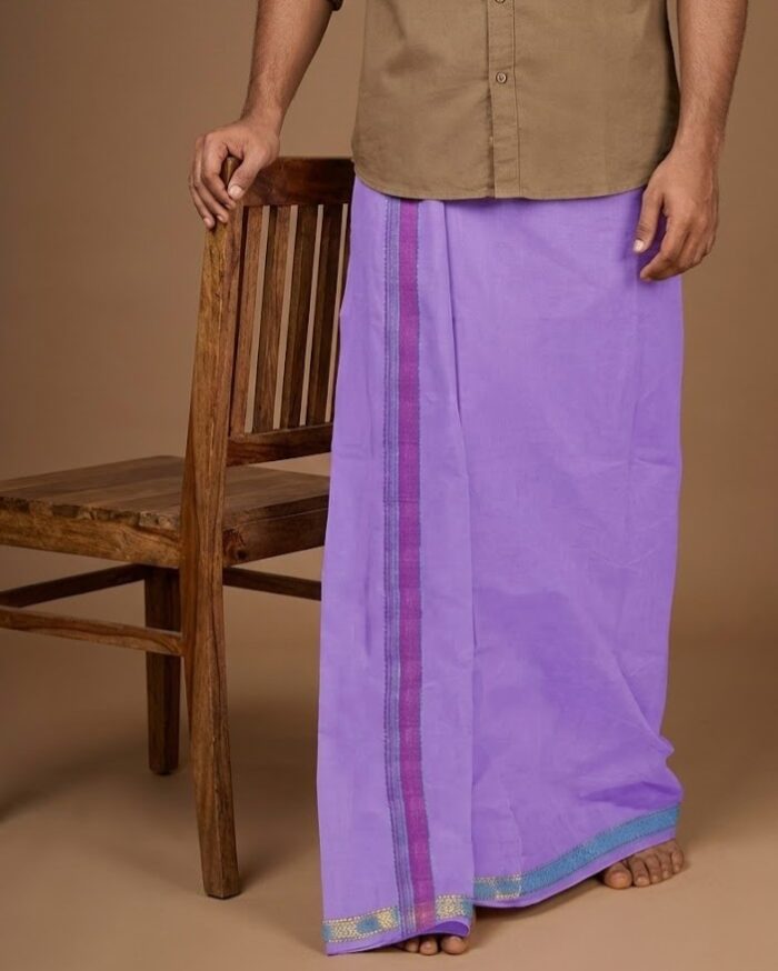 lungi 34 Kerala Handloom Light Purple Lungi with Dark Purple Stripe (180 x 130 cm) - Image 1