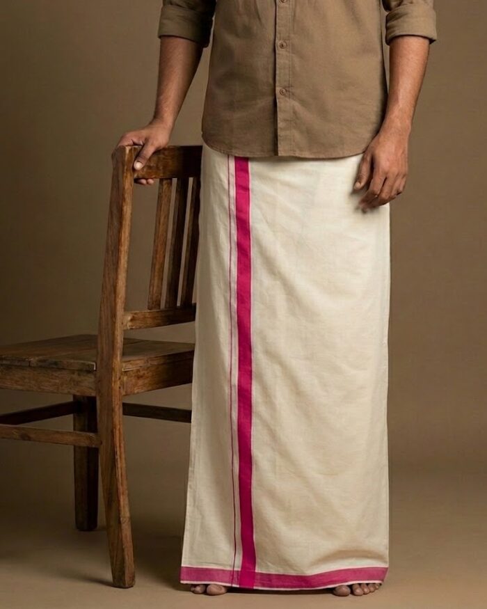 lungi 56 Kerala Handloom Dhoti With Double Pink Stripes (200x130 cm) - Image 1