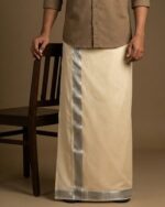 Kerala Handloom Dhoti With Heavy Silver Kasavu (200 x 130cm)