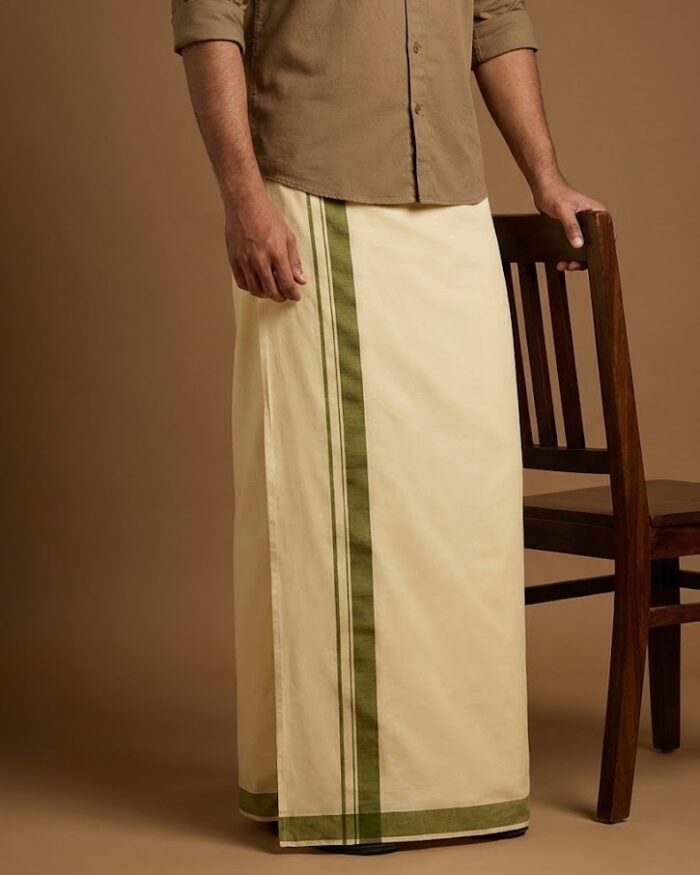 lungi 61 Kerala Handloom Dhoti With Olive Green Stripe (200x130 cm) - Image 1