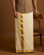 Kerala Handloom Dhoti With Violet Peacock Design(200 x 130cm)