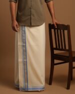 Kerala Handloom Sky blue with Silver Striped Dhoti (20)