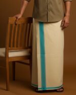 Kerala Handloom Off White Double Dhoti With Light Blue Stripe (200 x 130cm)
