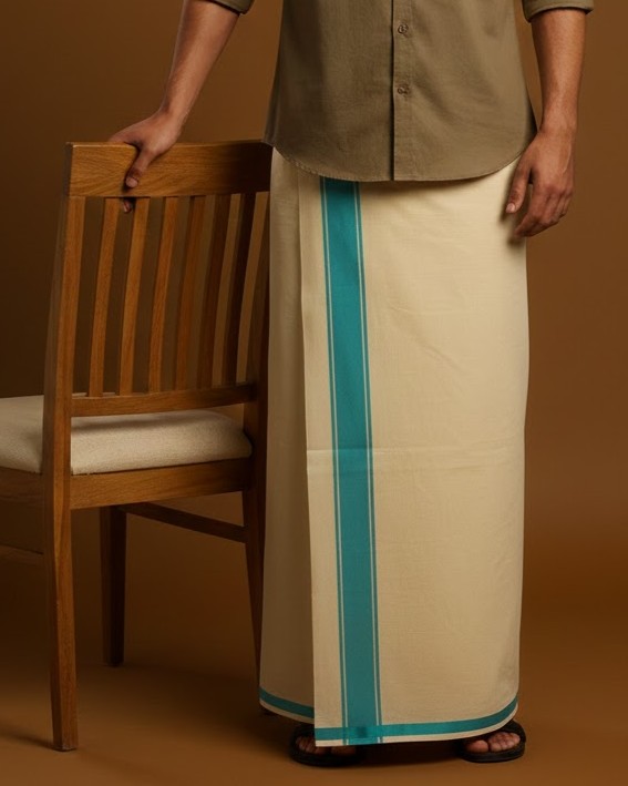lungi 86 Kerala Handloom Off White Double Dhoti With Light Blue Stripe (200 x 130cm) - Image 1