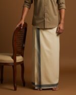 Kerala Handloom Off-White Dhoti With Dark Green Stripe (200 x 130cm)