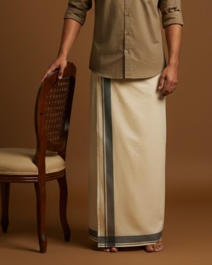 Kerala Handloom Off-White Dhoti With Dark Green Stripe (200 x 130cm)