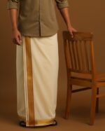 Kerala Handloom Off-White Dhoti With Gold & Maroon Stripe (200 x130 cm)
