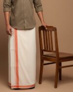Kerala Handloom Off-White Dhoti With Orange Stripe (200x130 cm)
