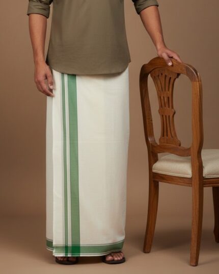 Kerala Handloom Off-White Dhoti With Green Stripe (200 x 130 cm)