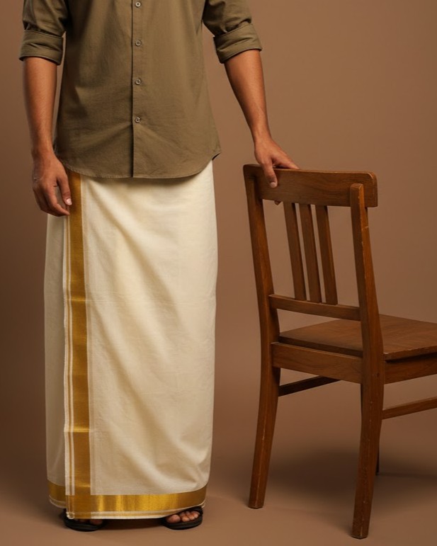 lungi 92 Kerala Handloom Off-White Dhoti With Heavy Gold Kasavu (200 x 130 cm) - Image 1