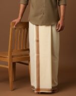 Kerala Handloom Off-White Dhoti With Light Brown Stripe (200 x 130 cm)