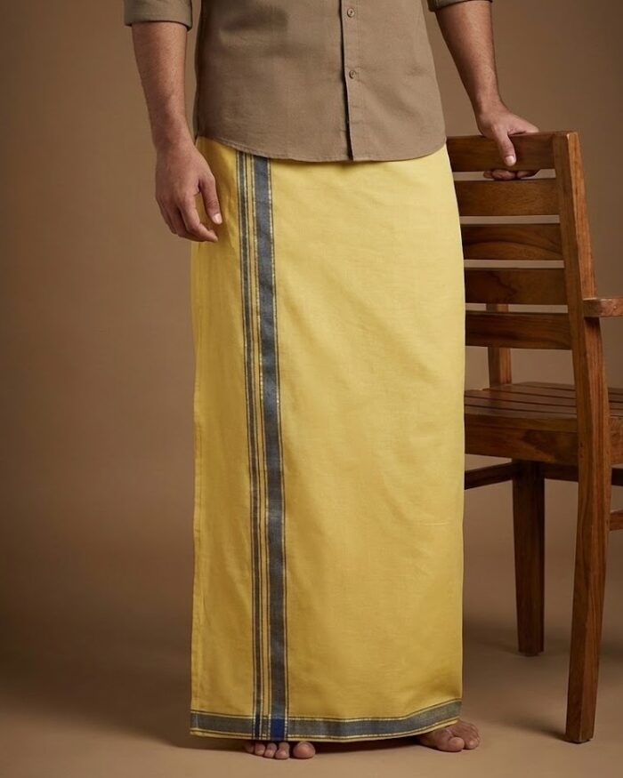 Kerala Handloom Yellow Lungi With Blue Stripe (180 x 130 cm) - Image 1