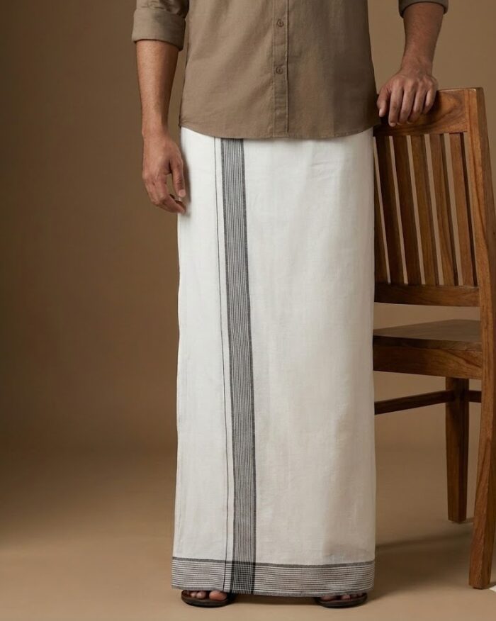 lungi 21 Kerala Handloom White Lungi with Black Stripes (180 x 130 cm) - Image 1