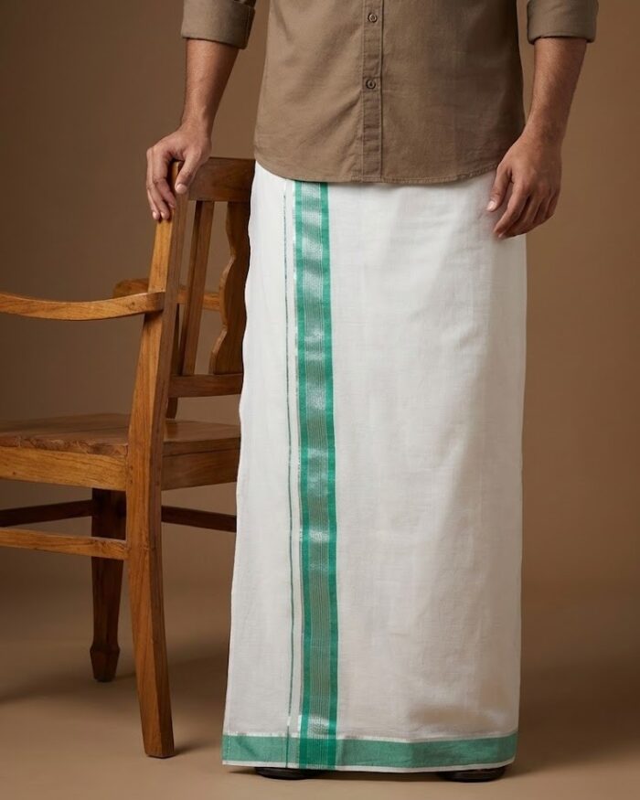 lungi 23 Kerala Handloom White Lungi with Green Stripes (180 x 130 cm) - Image 1
